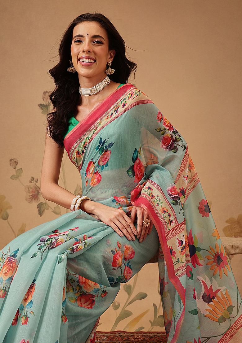 Teal Printed Cotton Saree Set - Indya