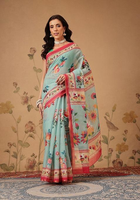 Teal Printed Cotton Saree Set