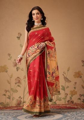 Red Printed Cotton Saree Set