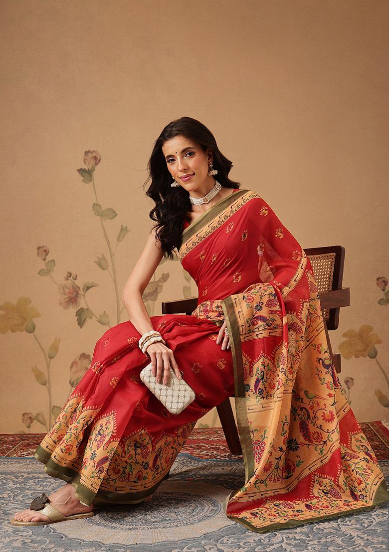Red Printed Cotton Saree Set - Indya