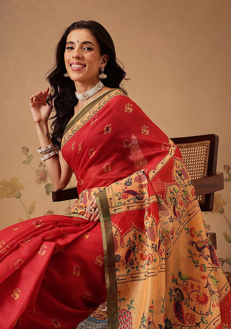 Red Printed Cotton Saree Set - Indya