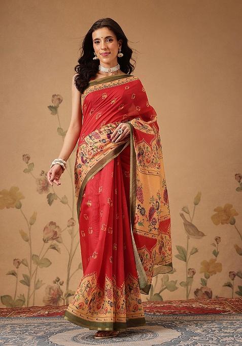 Red Printed Cotton Saree Set