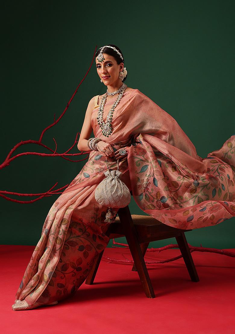 Peach Printed Tissue Saree Set - Indya