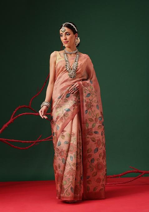 Peach Printed Tissue Saree Set