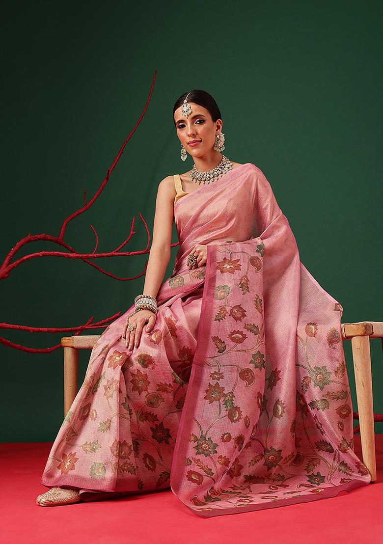 Pink Printed Tissue Saree Set - Indya