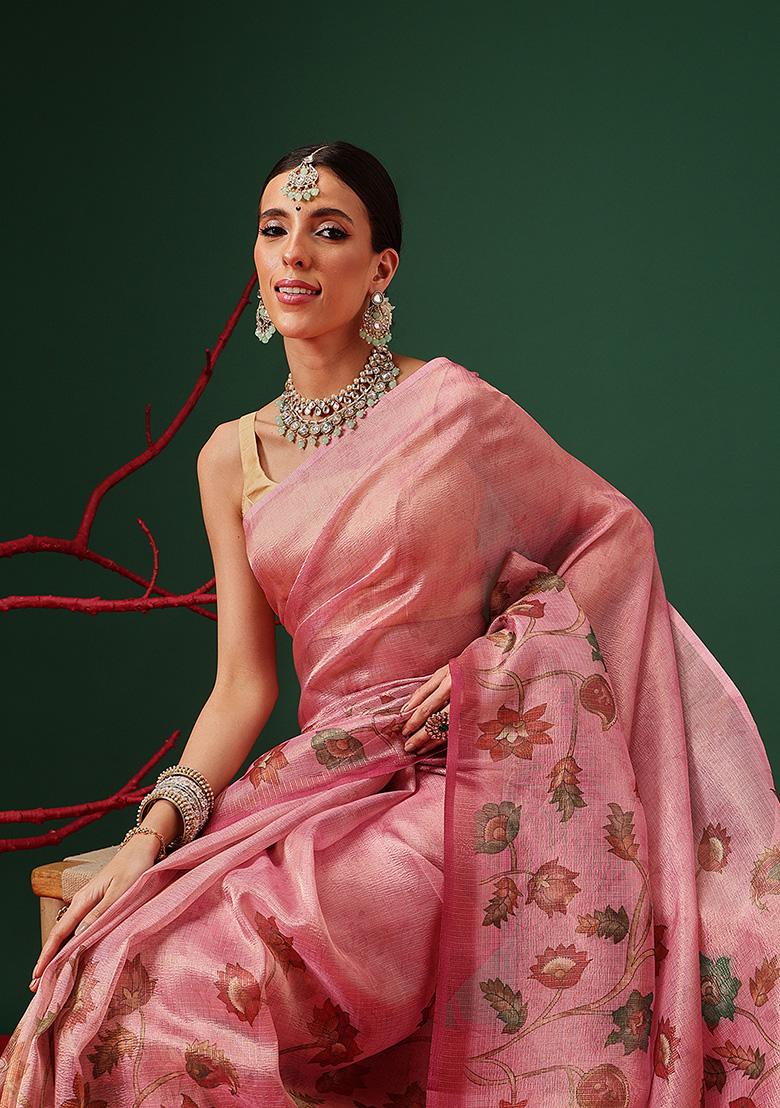 Pink Printed Tissue Saree Set - Indya