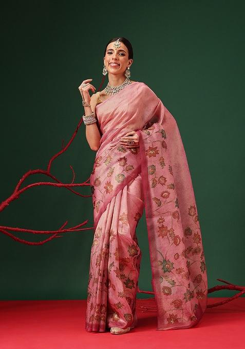 Pink Printed Tissue Saree Set