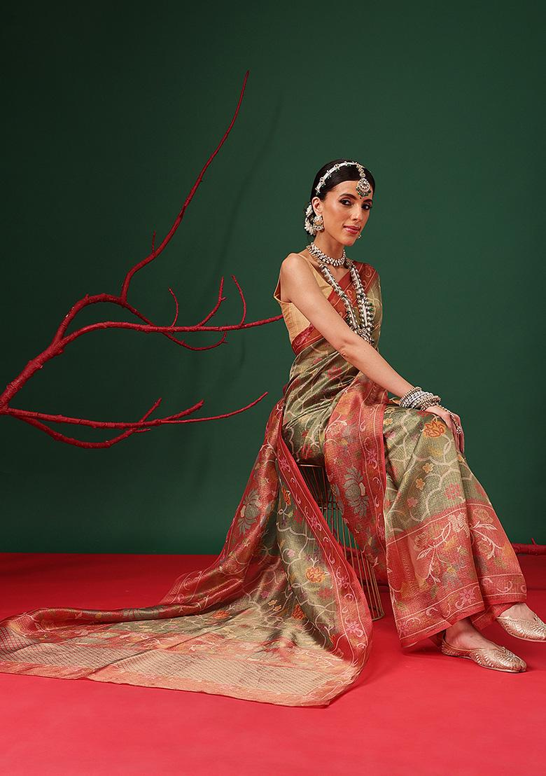 Olive Printed Tissue Saree Set - Indya