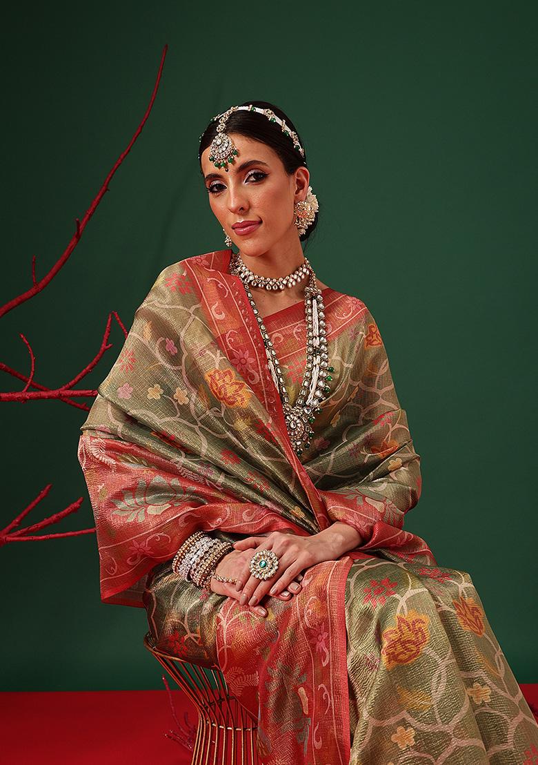 Olive Printed Tissue Saree Set - Indya