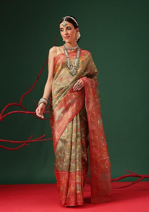 Olive Printed Tissue Saree Set
