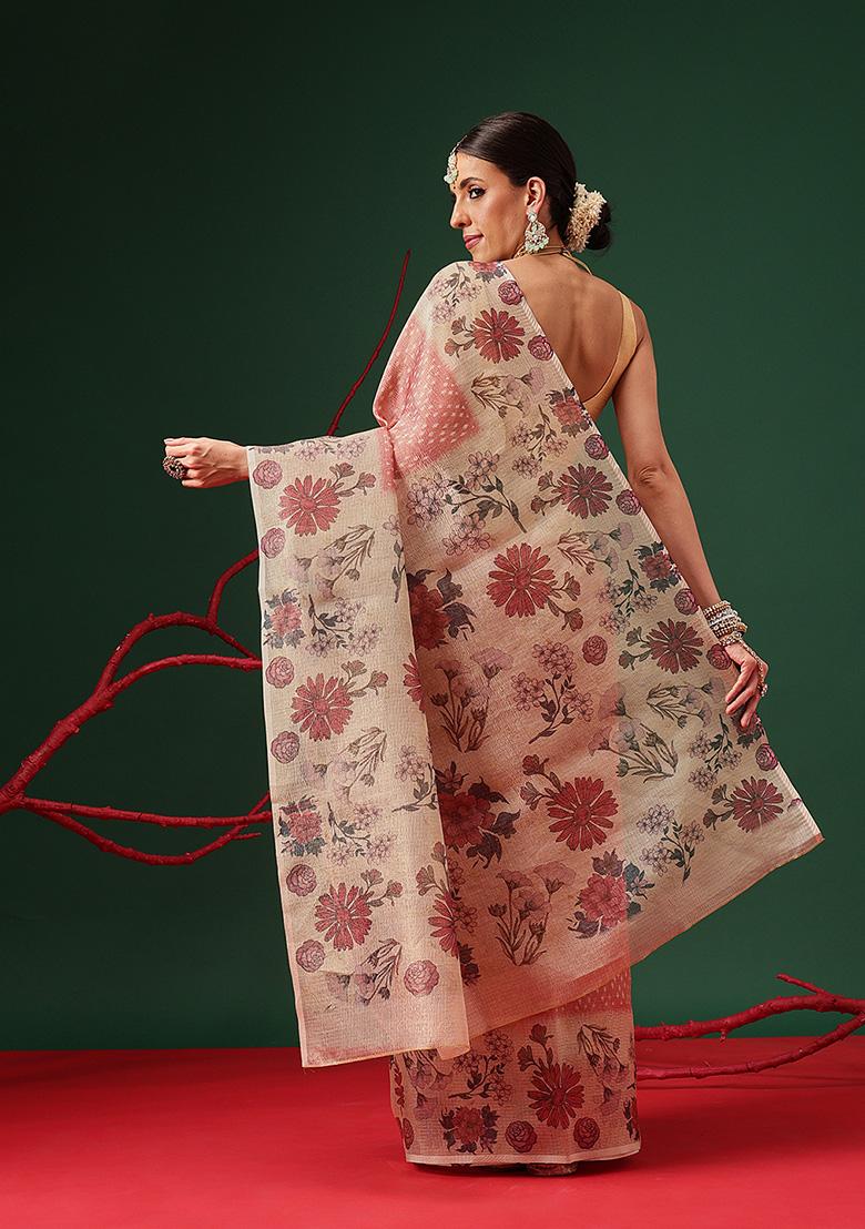 Red Printed Tissue Saree Set - Indya