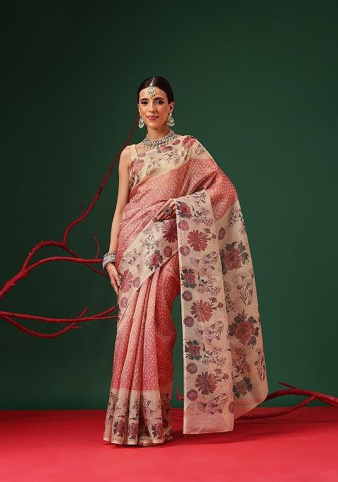 Red Printed Tissue Saree Set