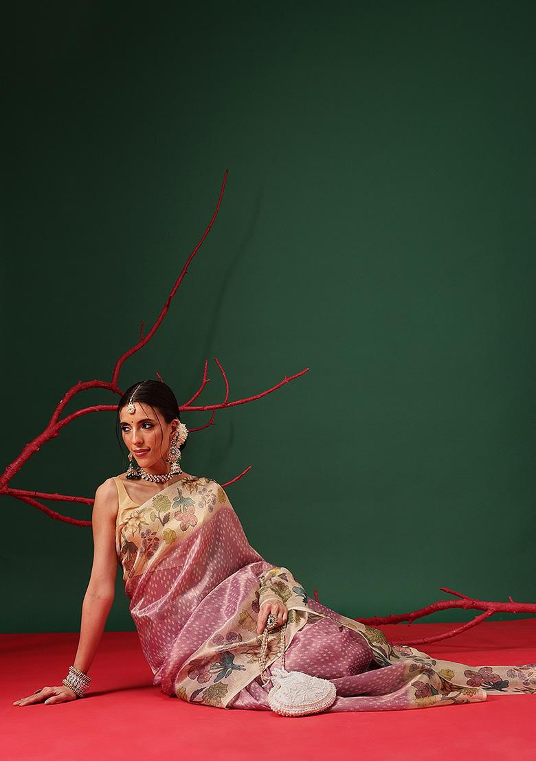 Multicolor Printed Tissue Saree Set - Indya