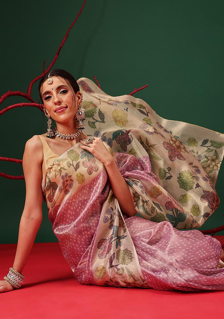 Multicolor Printed Tissue Saree Set - Indya