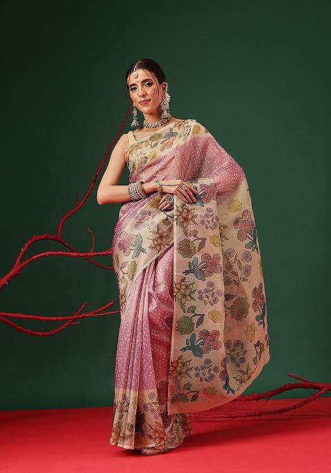 Multicolor Printed Tissue Saree Set