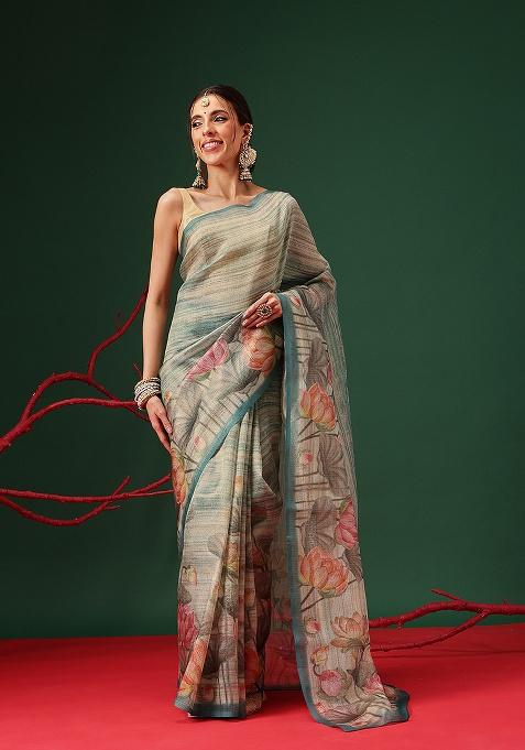 Teal Printed Tissue Saree Set