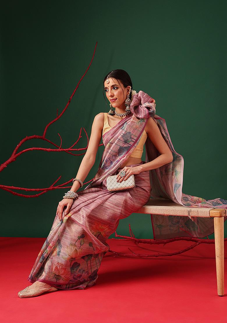 Purple Printed Tissue Saree Set - Indya