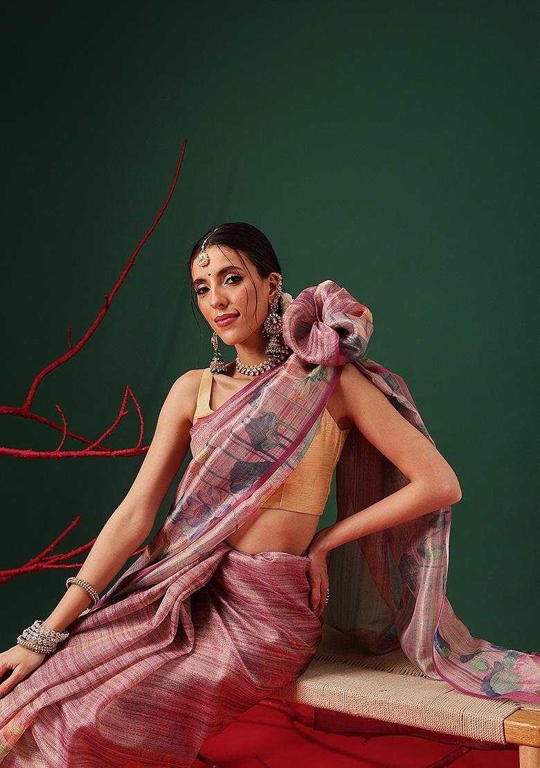 Purple Printed Tissue Saree Set - Indya