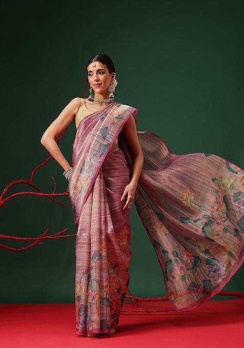 Purple Printed Tissue Saree Set