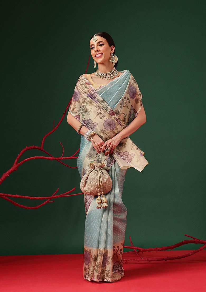Teal Printed Tissue Saree Set - Indya