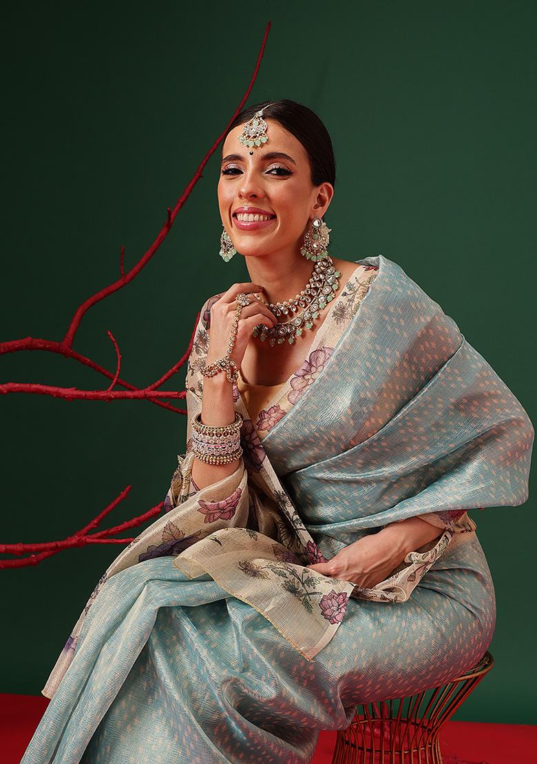 Teal Printed Tissue Saree Set - Indya