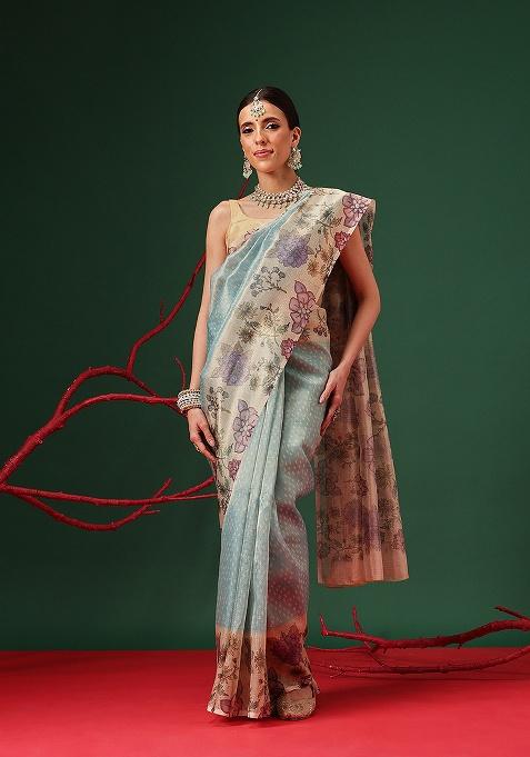 Teal Printed Tissue Saree Set