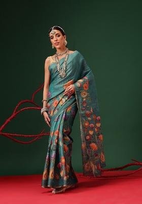 Teal Printed Silk Saree Set