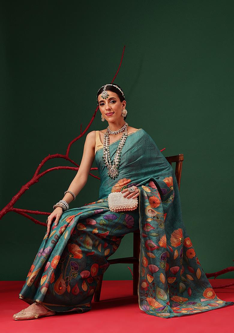 Teal Printed Silk Saree Set - Indya