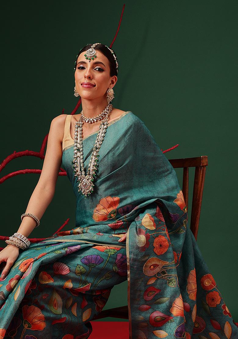 Teal Printed Silk Saree Set - Indya