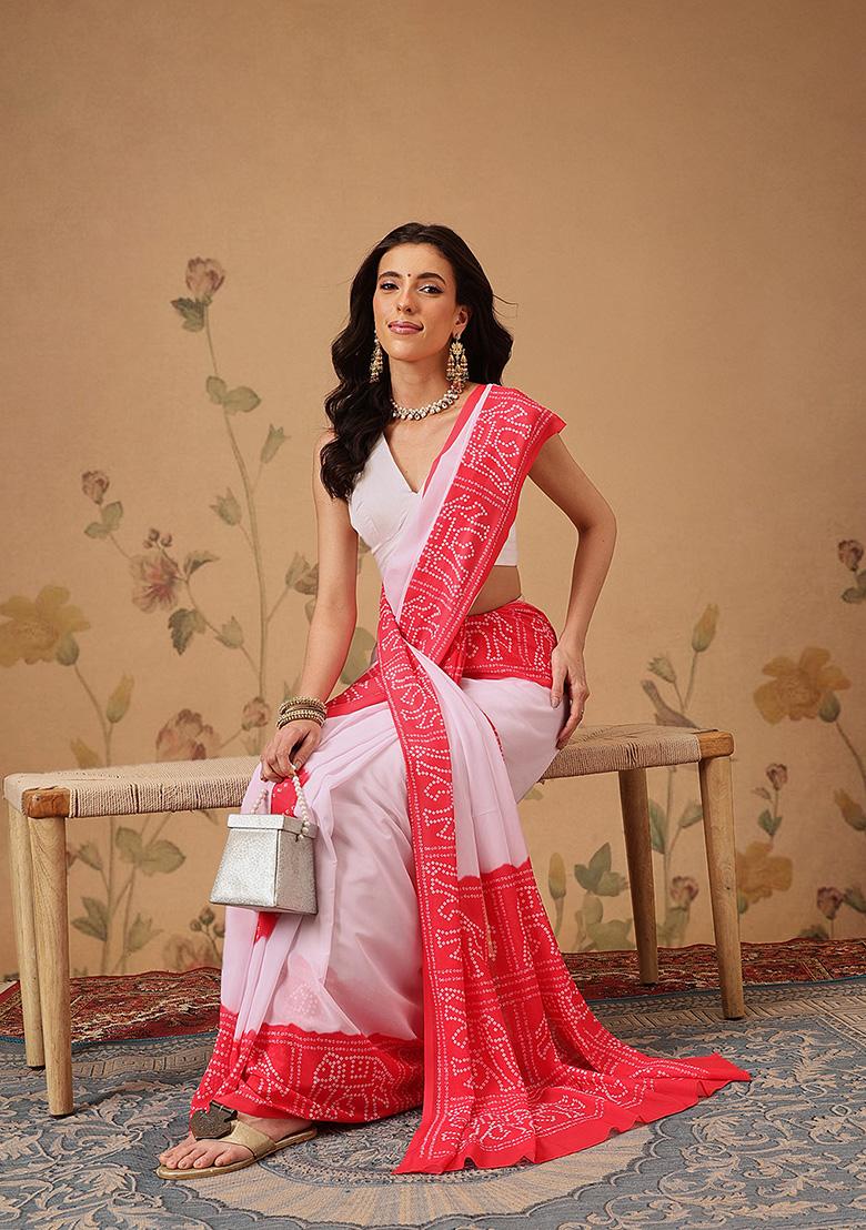 White Printed Georgette Saree Set - Indya