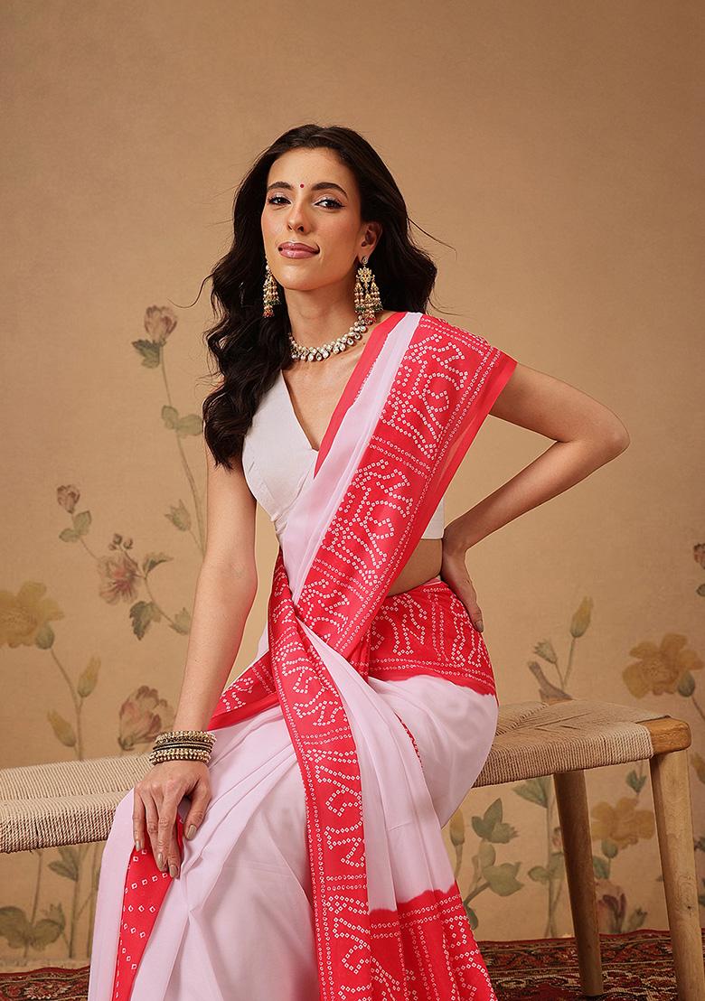 White Printed Georgette Saree Set - Indya