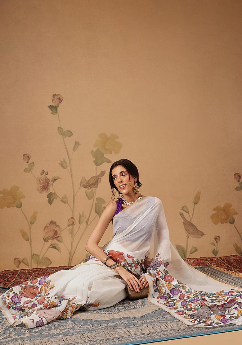 White Printed Cotton Saree Set - Indya