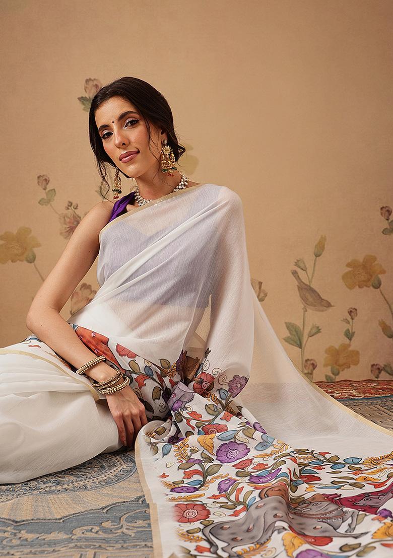 White Printed Cotton Saree Set - Indya