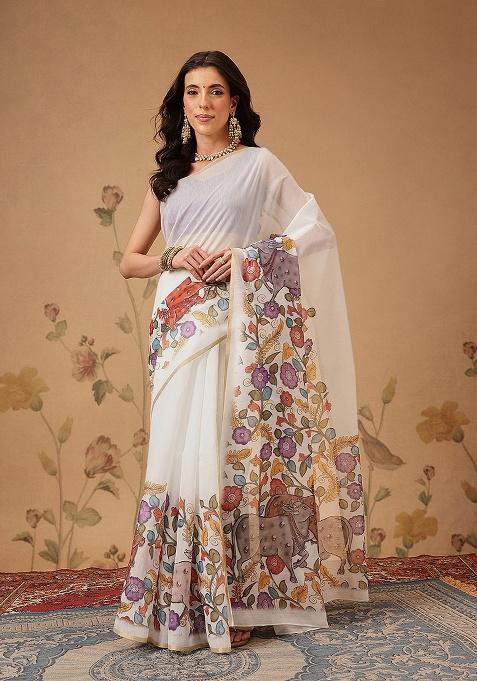 White Printed Cotton Saree Set