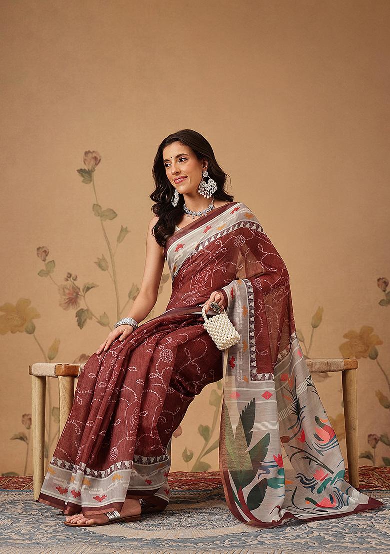 Maroon Printed Cotton Saree Set - Indya