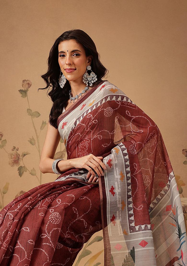 Maroon Printed Cotton Saree Set - Indya
