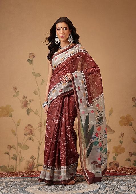 Maroon Printed Cotton Saree Set