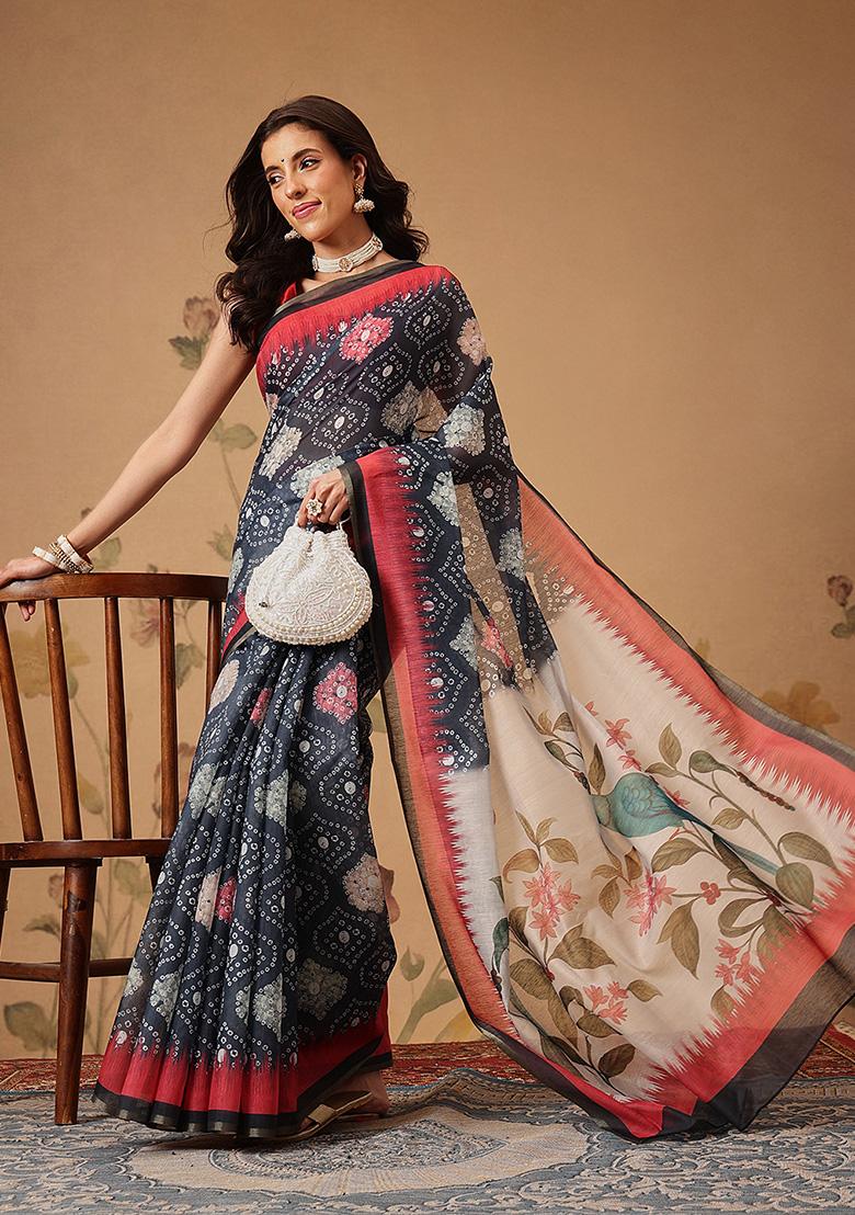 Grey Printed Cotton Saree Set - Indya