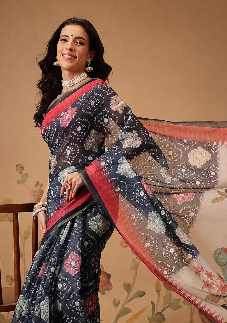 Grey Printed Cotton Saree Set - Indya