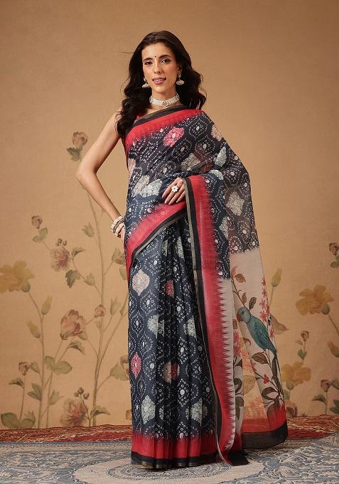 Grey Printed Cotton Saree Set