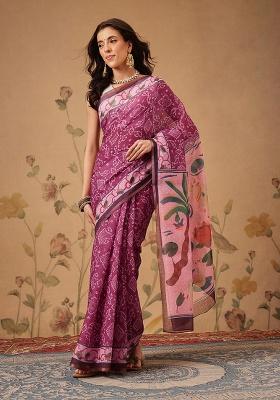 Pink Printed Cotton Saree Set