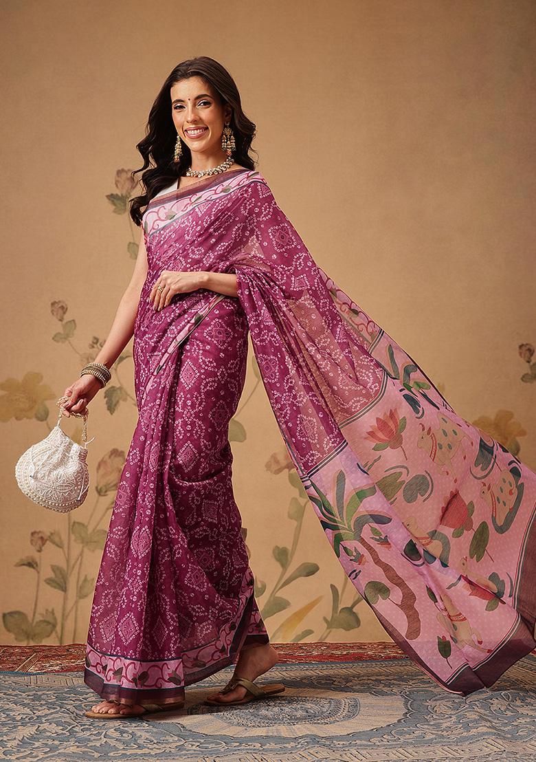 Pink Printed Cotton Saree Set - Indya