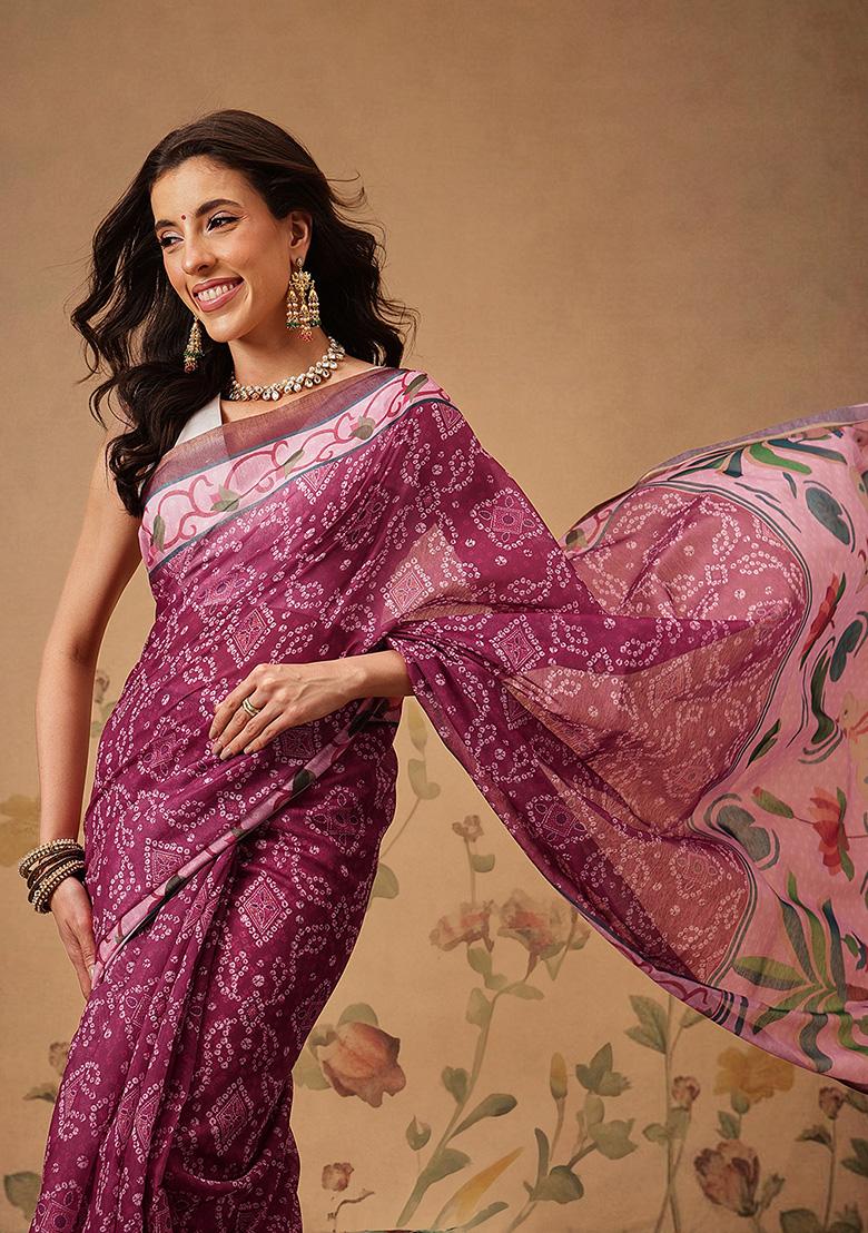 Pink Printed Cotton Saree Set - Indya