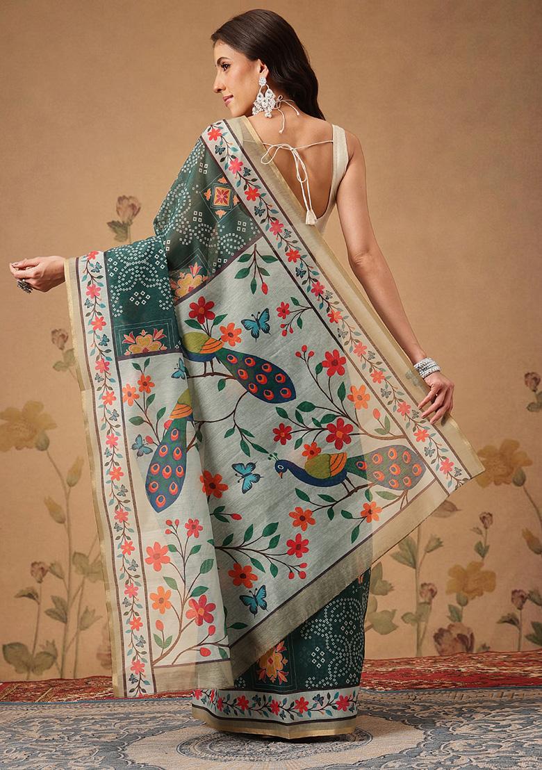 Green Printed Cotton Saree Set - Indya