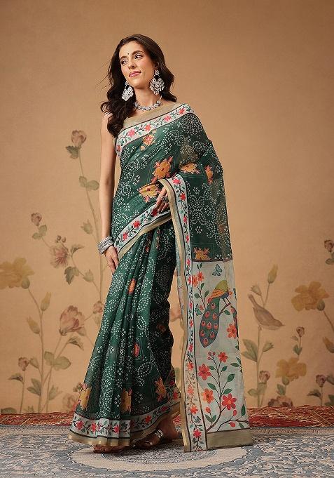 Green Printed Cotton Saree Set