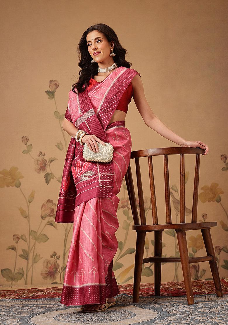 Pink Printed Silk Saree Set - Indya