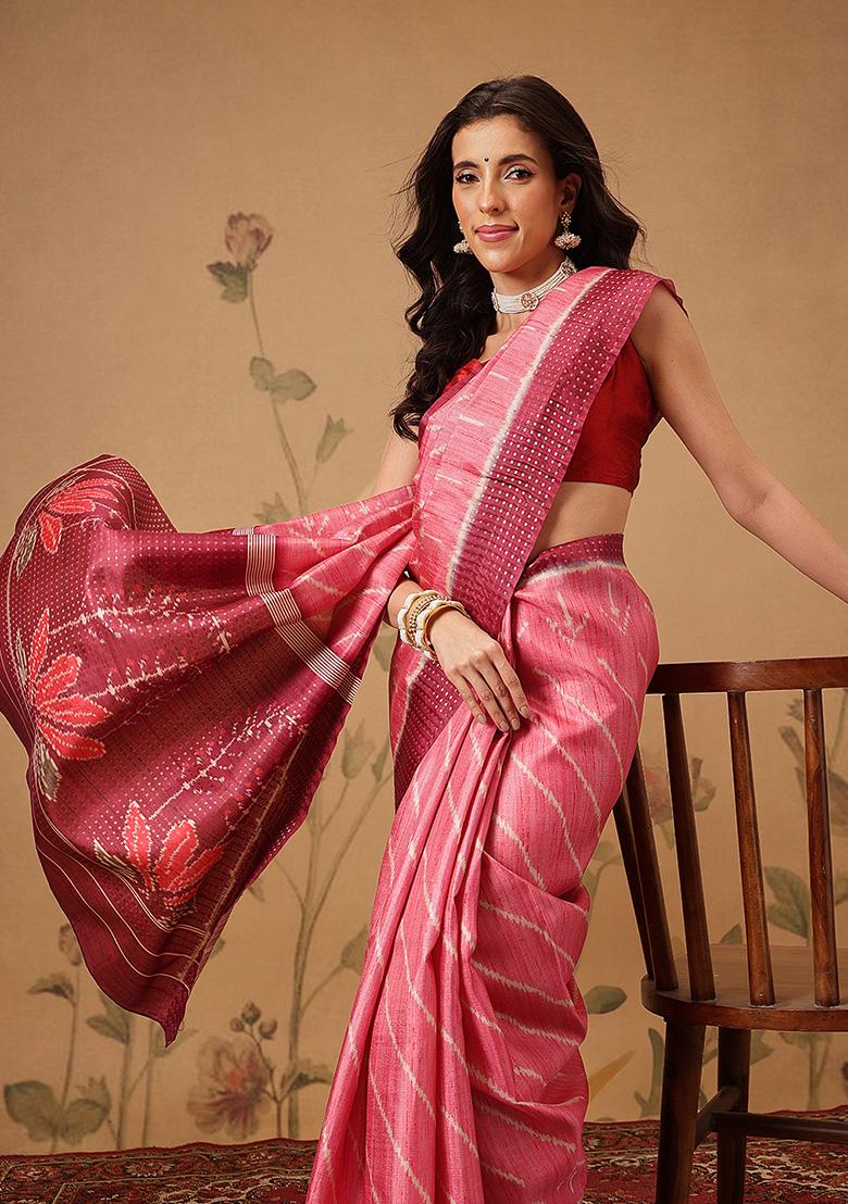Pink Printed Silk Saree Set - Indya