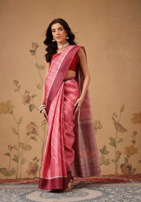 Pink Printed Silk Saree Set