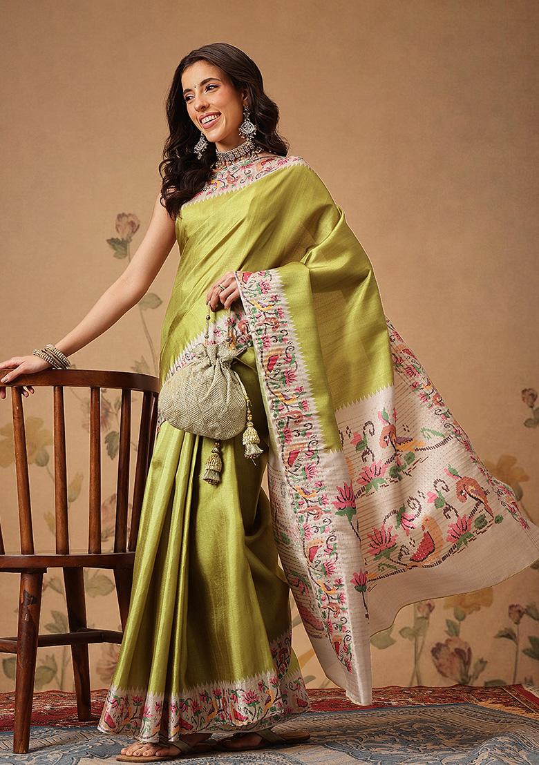 Olive Printed Silk Saree Set - Indya