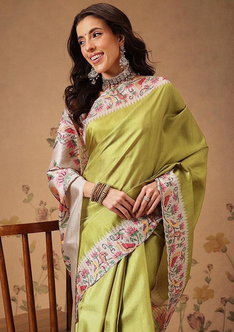 Olive Printed Silk Saree Set - Indya